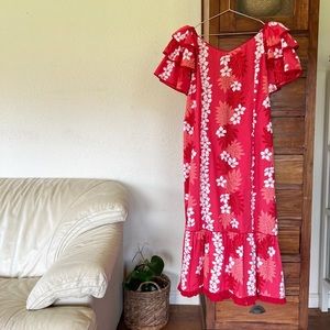 Salmon red Hawaiian hibiscus dress tiki pin up vlv